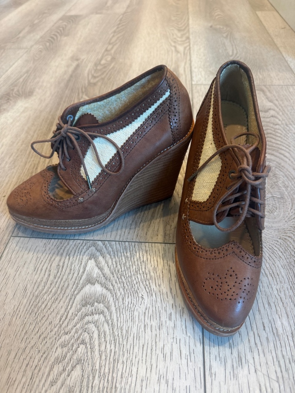 rag & bone Brown Lace-Up Wedge Brogues with Cream Insets